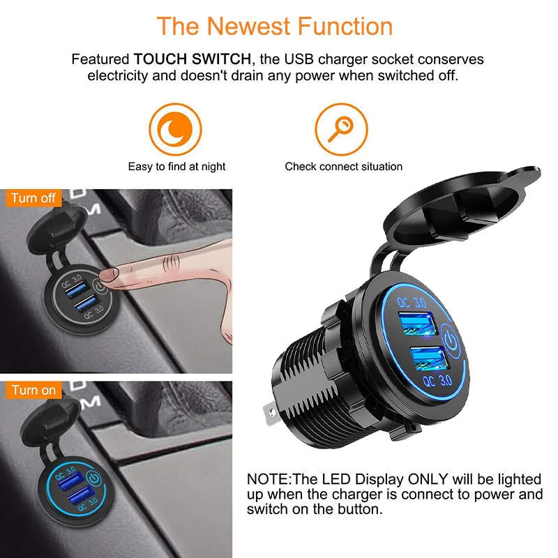 Waterproof Dual USB Car Charger with Quick Charge 3.0