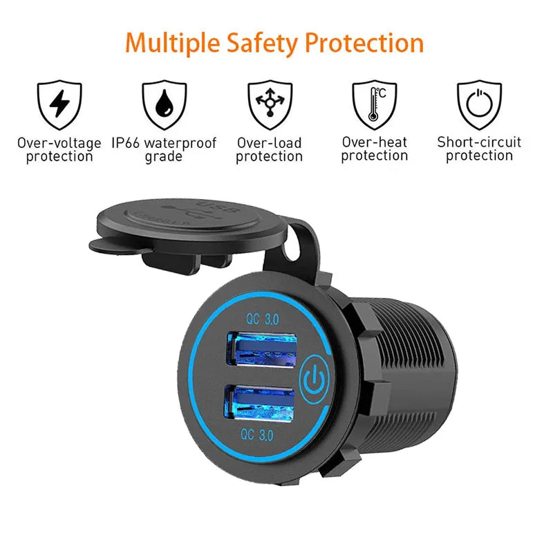 Waterproof Dual USB Car Charger with Quick Charge 3.0