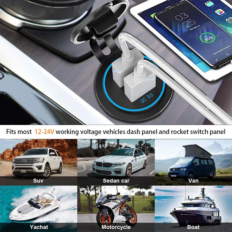 Waterproof Dual USB Car Charger with Quick Charge 3.0